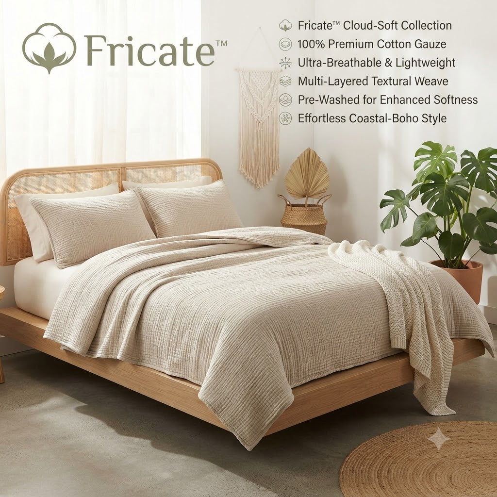 Fricate™ Cloud-Soft Artisan Cotton Gauze Bedspread Set – The "Coastal-Boho" Edition