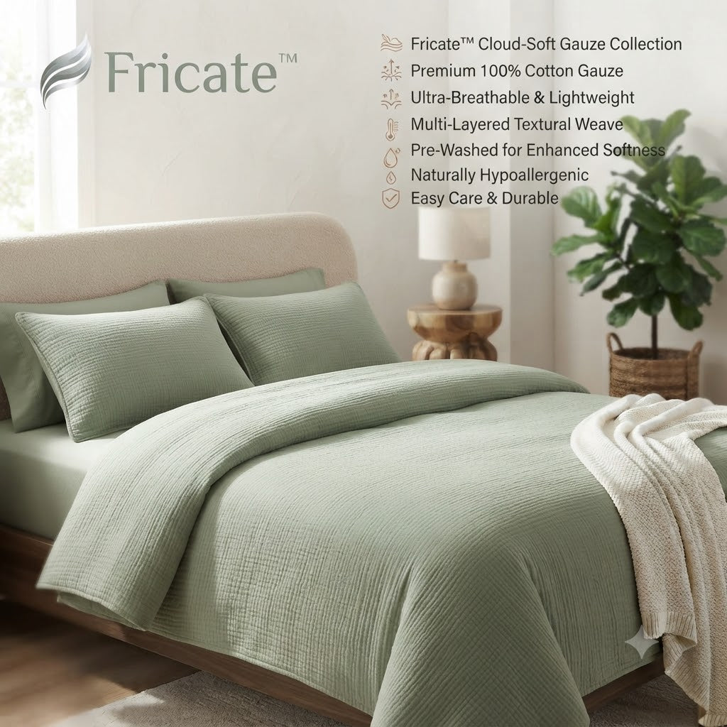 Fricate™ Cloud-Soft Gauze Collection The "Sage Serenity" 4-Piece Cotton Gauze Duvet Cover Set