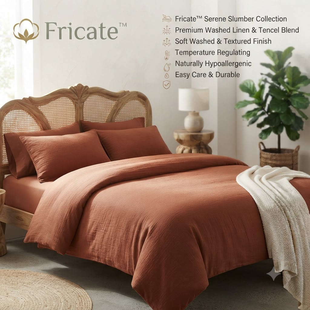 Fricate™ Serene Slumber Collection – The "Terracotta Clay" Washed Linen &amp; Tencel™ Blend Duvet Set
