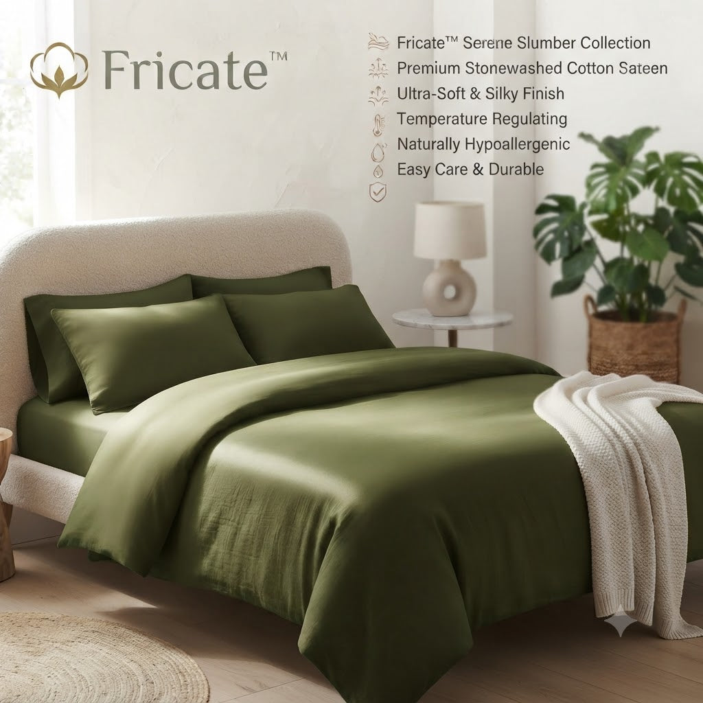 Fricate™ Serene Slumber Collection – The "Olive Grove" Stonewashed Cotton Sateen Duvet Cover Set